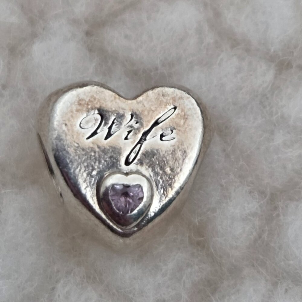 Pandora Sterling Silver "Wife" Heart Charm with Pink CZ small stone - Picture 2 of 5